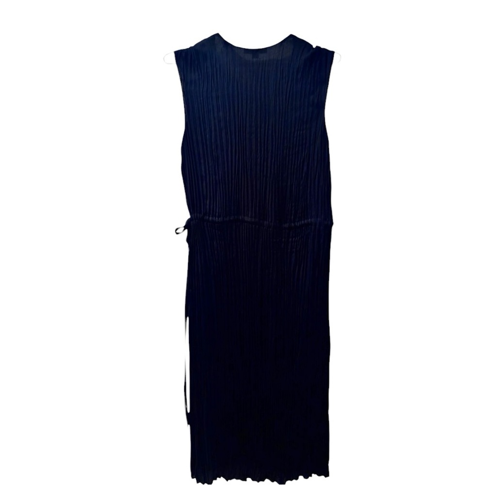 Vince Pleated V-Neck Drawstring Midi Dress Black  Minimalist Sleeveless - Picture 7 of 7